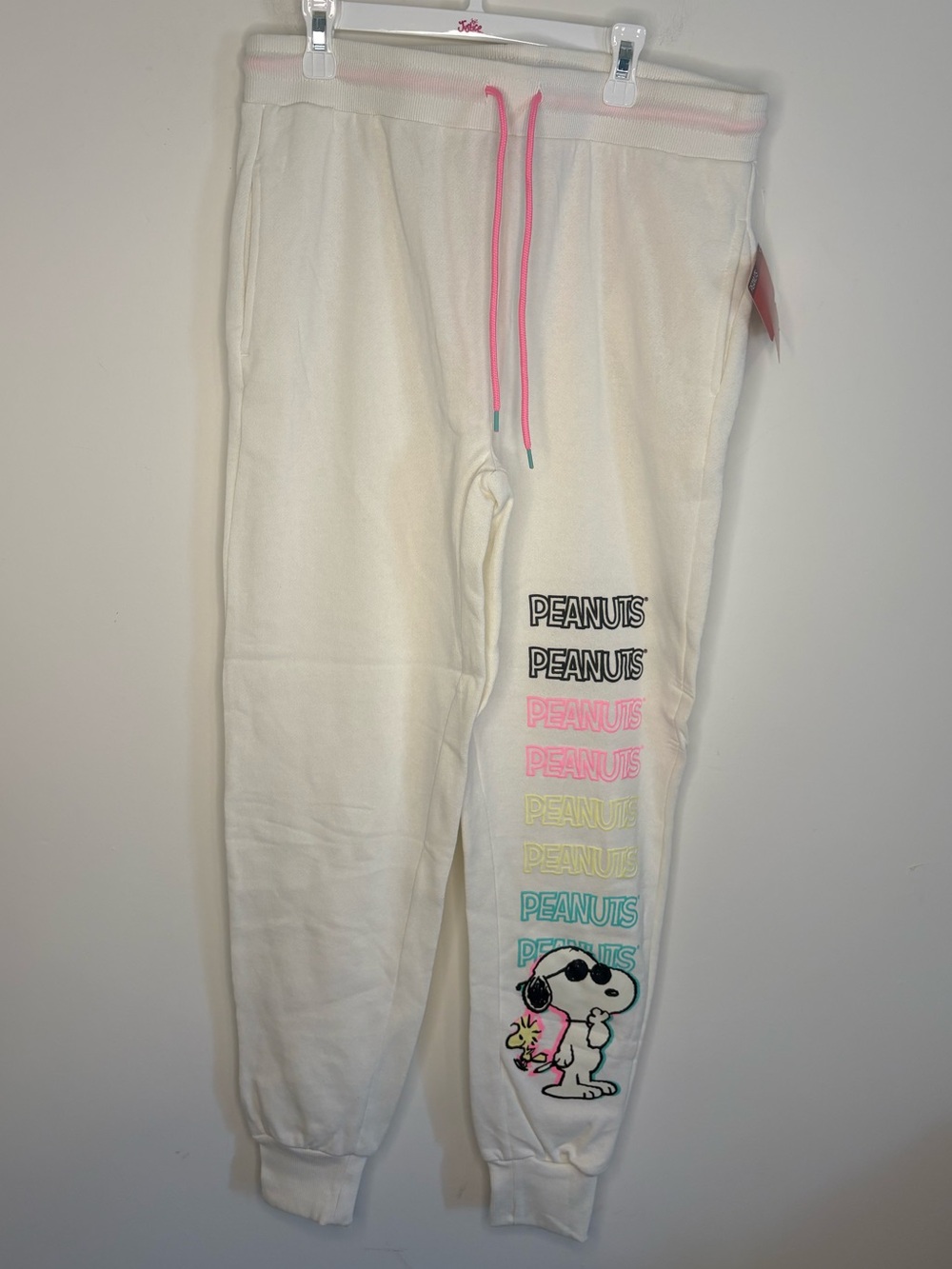 Peanuts Snoopy White Sweatpants Joggers with Pastel Peanuts Logos Size Large NWT